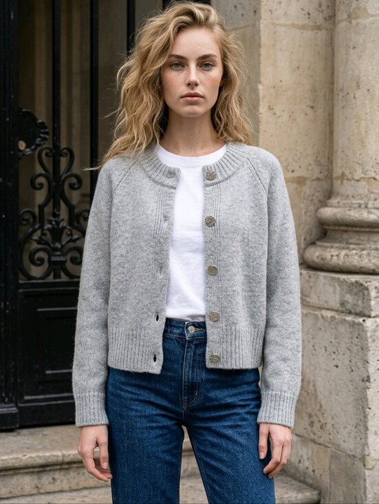 Smash + Tess Sweaters - Minimalist Light Grey Ribbed Knit Cardigan Sweater with Hammered Buttons